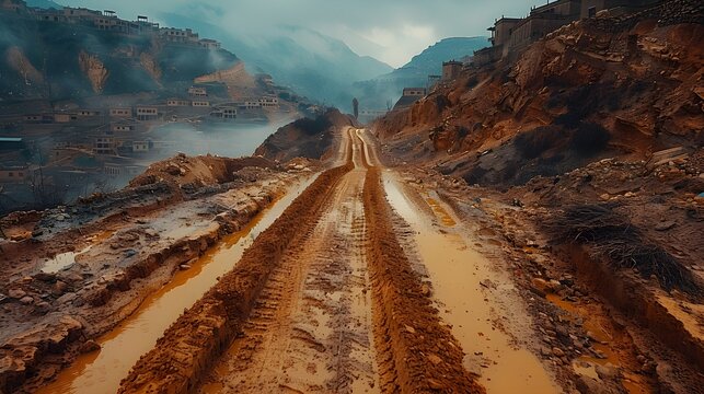 Landscape photo of a broken road, swamp