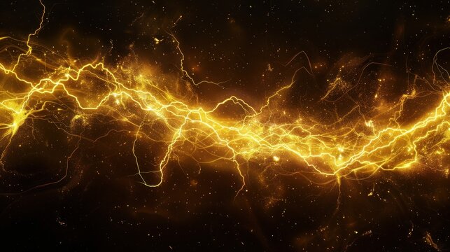 Panoramic yellow lightning strike on the dark cloudy sky landscape background. AI generated image