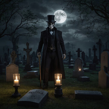 Exu Caveira Umbanda Quimbanda Entity at Moonlight in Cemetery.