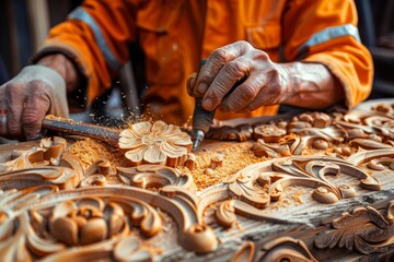 Artisan woodworker carving intricate floral patterns on wood