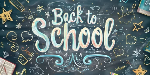 Foto auf Acrylglas Vintage back-to-school chalkboard banner: a nostalgic throwback to yesteryears, capturing the essence of academic nostalgia with retro charm. © Irfanan