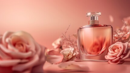 Obraz na płótnie Canvas luxury glass or crystal perfume bottle with smoke waves background in pink purple theme, mixed digital 3d illustration and matte painting