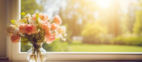 A vase containing colorful flowers is placed on the ledge of a window