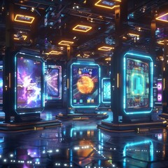 An interior view of a futuristic data center with glowing holographic screens depicting cosmic images and intricate circuits in a sleek, dark setting
