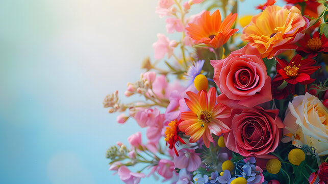 Bouquet of flowers with roses and daisies on the right side of the image and copy space on the left side, with blue background