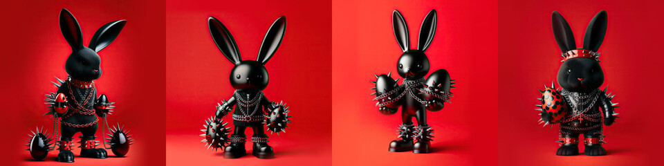 Collage of stylized rabbit characters dressed in punk rock attire, each holding a decorated Easter egg against a red backdrop. - obrazy, fototapety, plakaty