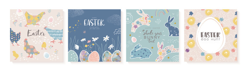 Happy Easter Set of banners, greeting cards, posters, holiday covers. Trendy design with rabbits, eggs, chickens, flowers and doodles in pastel colors. Vector illustration