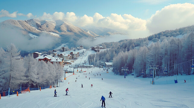 A photo of friends skiing down snowy slopes in a picturesque mountain resort, enjoying the thrill of winter sports happiness, love and harmony