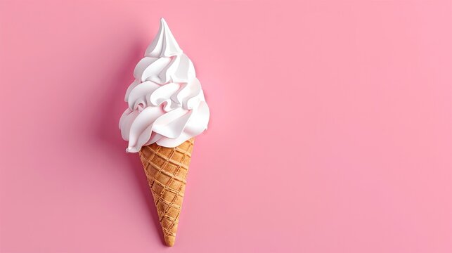 The image shows a white meringue ice cream cone placed in the center of a pink background. The photo