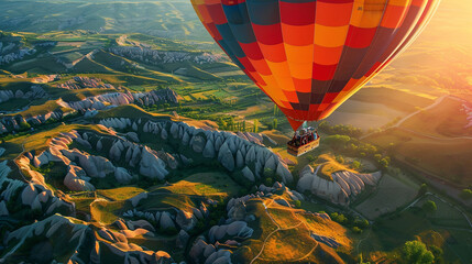 Obraz premium An image of friends taking a hot air balloon ride over scenic landscapes, enjoying panoramic views from above happiness, love and harmony