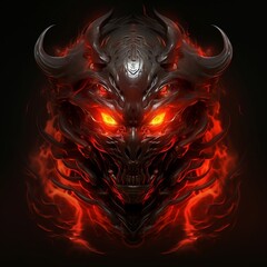 Digital painting of fire devil cyborg samurai face, 3D rendering