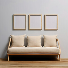 Room with three blank frames mockup on the wall and a beige sofa with pillows 