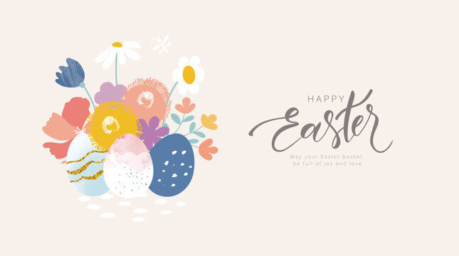 Happy Easter banner. Trendy Easter design with handwritten lettering,decorated eggs and flowers in pastel colors. Modern style. Horizontal poster, greeting card, header for website. Vector