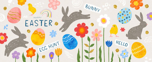 Set of Easter design elements.Collection of cute eggs,hares,flowers,chickens,handwritten inscriptions,doodles. Perfect for holiday decoration and spring greeting cards. Vector illustration