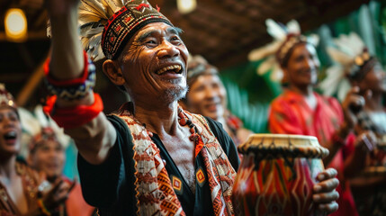 A photo of friends attending a local cultural performance, enjoying traditional music and dance happiness, love and harmony