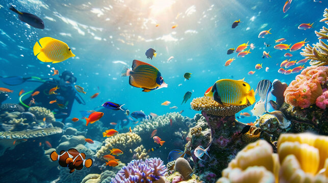 A photo of friends exploring a vibrant coral reef while scuba diving, encountering tropical fish and colorful sea creatures happiness, love and harmony