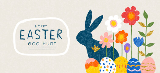 Happy Easter banner. Trendy Easter design with bunny,decorated eggs, flowers and handwritten lettering. Modern style. Horizontal poster, greeting card, header for website. Vector illustration