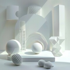 A collection of geometric shapes and objects in various textures displayed in a monochromatic setting, illustrating concepts of design, symmetry, and minimalism