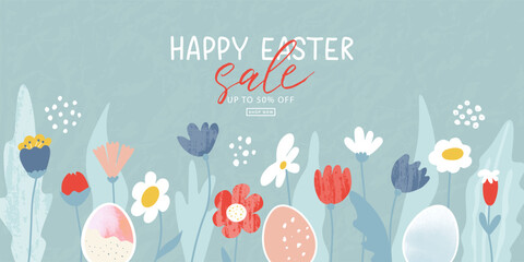 Happy Easter Sale banner, poster, holiday cover. Trendy design with hand drawn plants, dots and eggs in pastel colors. Vector illustration