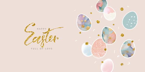 Happy Easter banner. Trendy Easter design with beautiful decorated eggs in pastel colors and shiny gold inscription. Modern style. Horizontal poster, greeting card, header for website. Vector