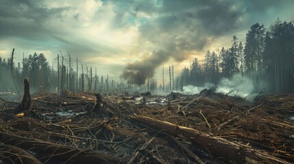 A damaged forest due to illegal logging, environmental concept. AI generated image