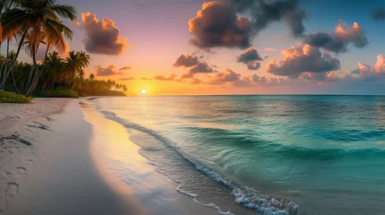  Idyllic Tropical Beach Sunset - Pristine Sandy Shoreline with Lush Palm Trees and Tranquil Turquoise Ocean, Vibrant Skies Over Crystal-Clear Waters and Untouched Sandy Cove © Arc-Desing