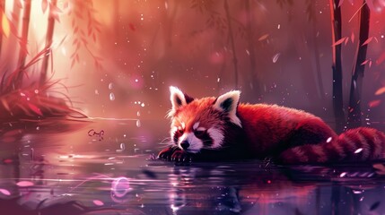A red panda is laying down in the water