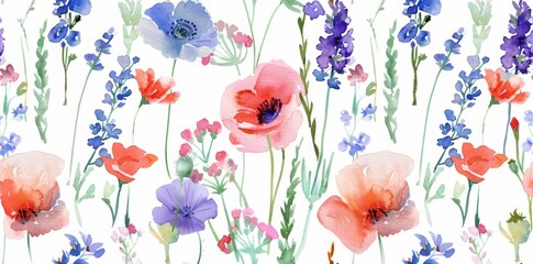 Watercolor Seamless Tileable Pattern Poppies, Lavender