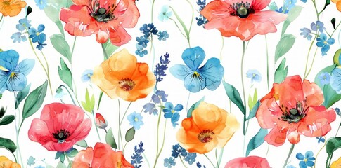 Watercolor seamless tileable pattern featuring charming poppies and fragrant lavender blooms, ideal for creative projects. - obrazy, fototapety, plakaty