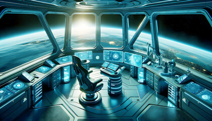  Futuristic remote workspace set in a space station orbiting Earth.