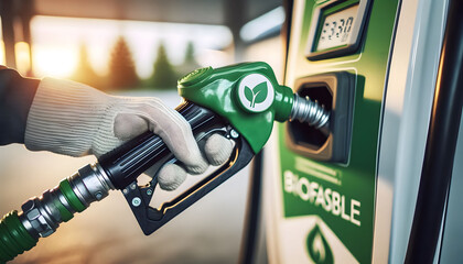 Fuel dispenser, green leaf symbol, symbolizing eco-friendly gasoline or biofuel options. - obrazy, fototapety, plakaty