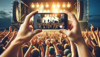 crowd at a music festival, aiming to capture a video of a live performance on stage