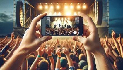 Fototapeten crowd at a music festival, aiming to capture a video of a live performance on stage © mitarart