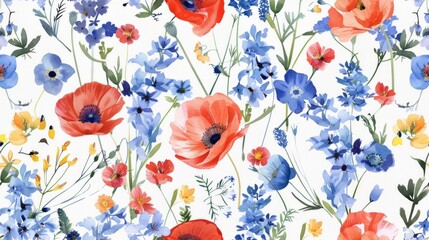 Watercolor tileable pattern showcasing elegant poppies and fragrant lavender in seamless repetition, adding a touch of natural beauty to any project. - obrazy, fototapety, plakaty