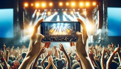 Fototapeten crowd at a music festival, aiming to capture a video of a live performance on stage © mitarart