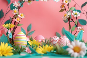 Fototapeta na wymiar Easter eggs with daisies and sunflowers on an pink background