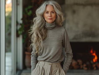 Elegant Grey-Haired Woman in Turtleneck. A poised woman with grey hair in a grey turtleneck and trousers enjoys indoor warmth.