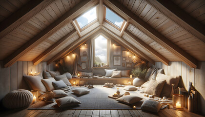 cozy attic space transformed into a serene meditation retreat, offering a blend of comfort and inspiration