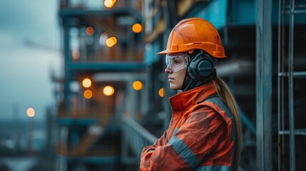 A female worker in orange protective gear stands thoughtfully outside a sprawling industrial complex, illuminated by soft lights - obrazy, fototapety, plakaty