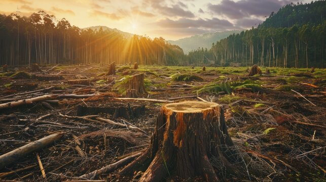 A damaged forest due to illegal logging, environmental concept. AI generated image