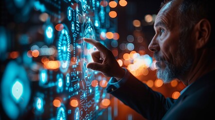 Middle-aged businessman interacting with futuristic interface