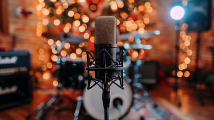 Studio microphone on stand with festive lights backdrop