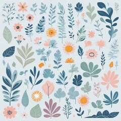 A collection of seamless pattern, colorful abstract plants and flowers. Hand drawn Collection of leaves and flowers. A close up of a pattern of flowers and leaves.
