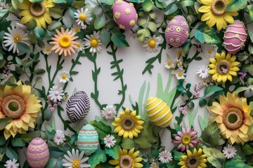Easter eggs with daisies and sunflowers on a white background