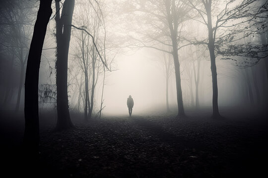 A person is walking in the woods on a foggy day.