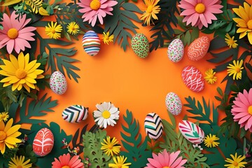 Fototapeta na wymiar Easter eggs with daisies and sunflowers on an orange background