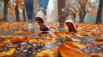 Walking together on a leaf-covered path in autumn