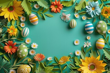 Easter eggs with daisies and sunflowers on a turquoise background