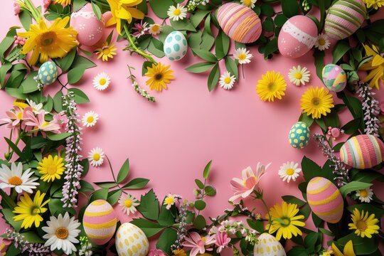 Easter eggs with daisies and sunflowers on an pink background