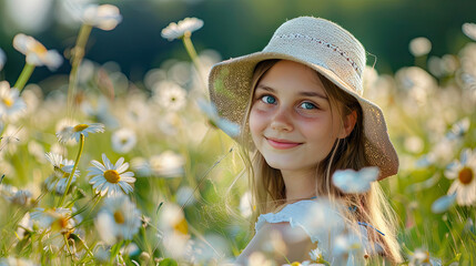Cheerful young girl in a straw hat amidst a field of daisies, portraying playfulness and freshness
